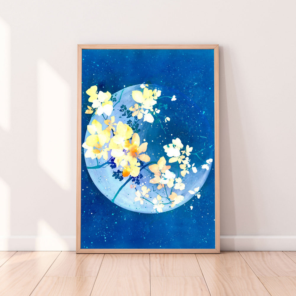 'Floral Moonlight' is an original watercolor and mixed media painting on paper by artist Ingrid Sanchez, AKA CreativeIngrid.