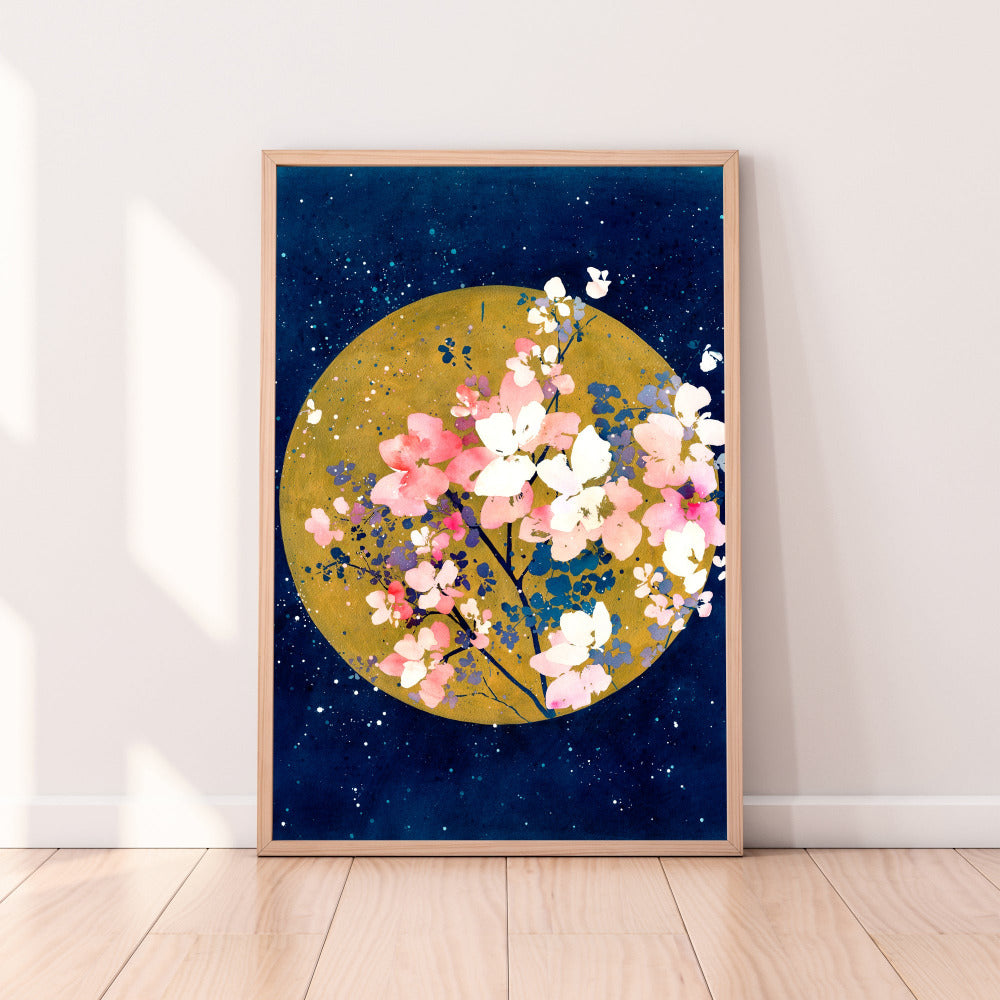 This Floral Sunlight Art Print features a golden sun filled with by soft pink flowers, blue purple branches and leaves, with an intense blue starry sky in the background. CreativeIngrid.