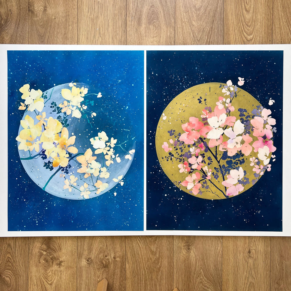 Floral Moonlight and Floral Sunlight, watercolors by artist Ingrid Sanchez, CreativeIngrid.