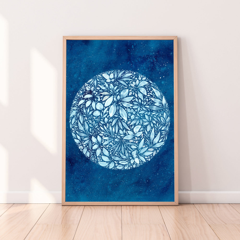 Starry indigo galaxy sky with a botanical full moon of leaves and botanical details. A watercolor moon inspired by the moon of February, the Snow Moon. Ingrid Sanchez, London 2022.