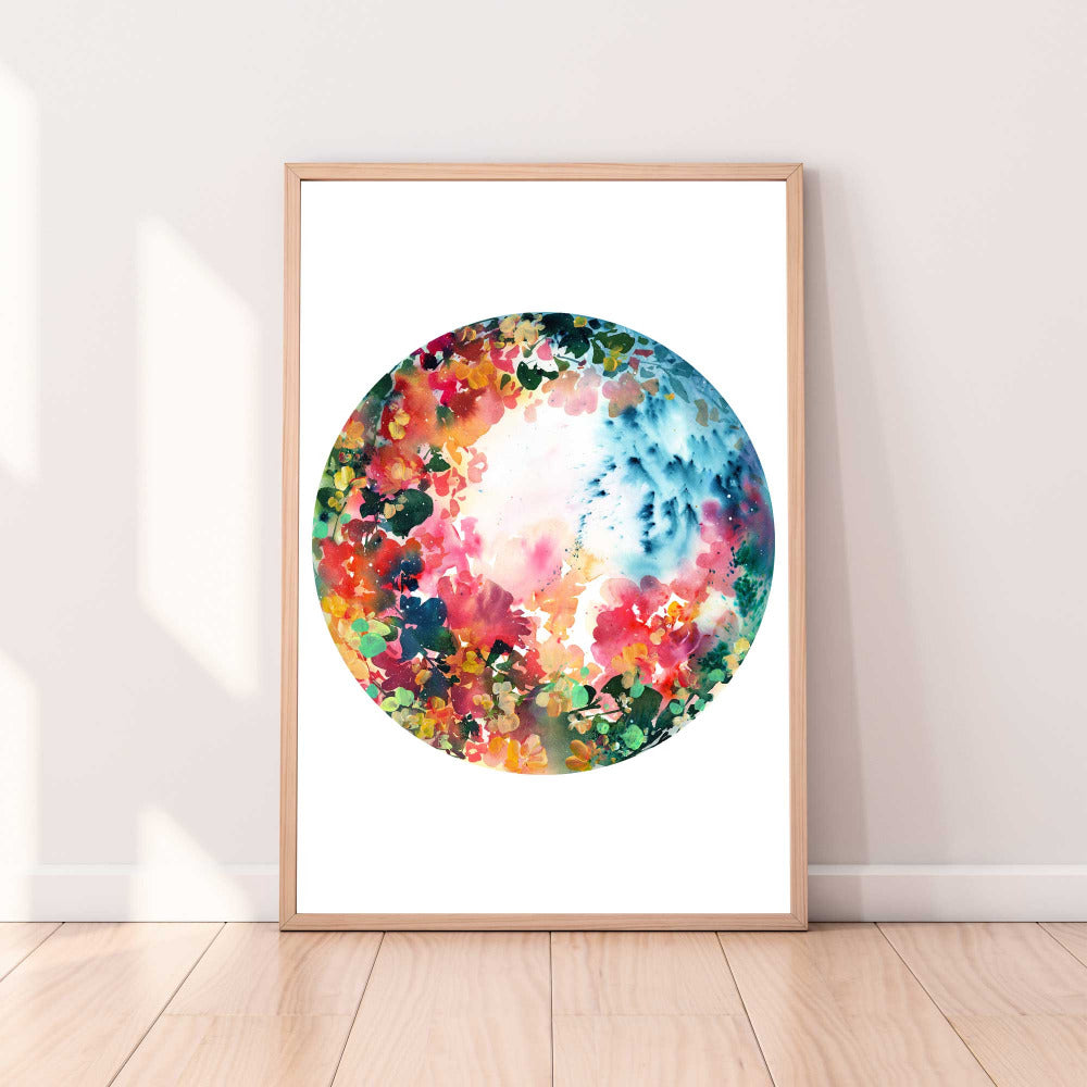 Botanical moon art print with leaves, flowers and the wind of Autumn. Inspired by the ninth full moon of the year: Harvest Moon. CreativeIngrid, Art Prints.