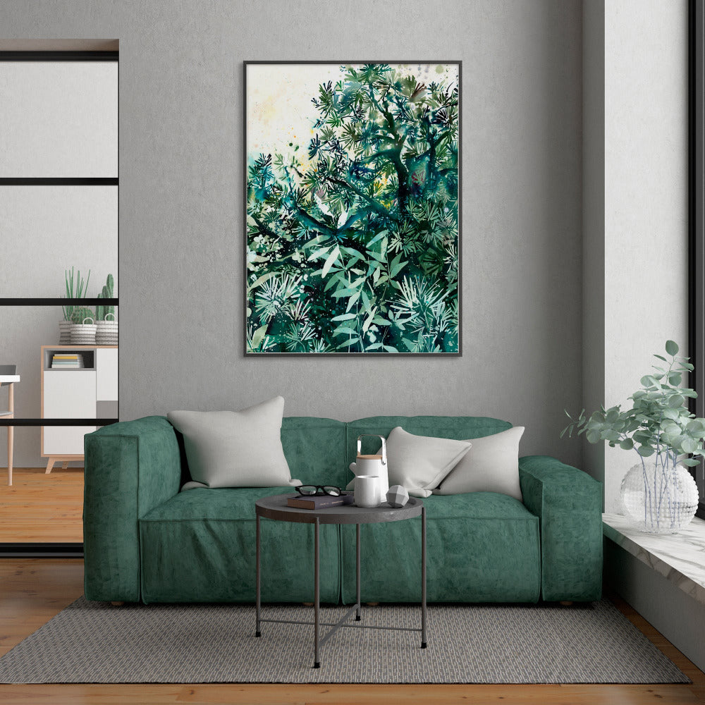 Green home decor art print of a mix of pines, cedars and cypresses trees. CreativeIngrid, London.