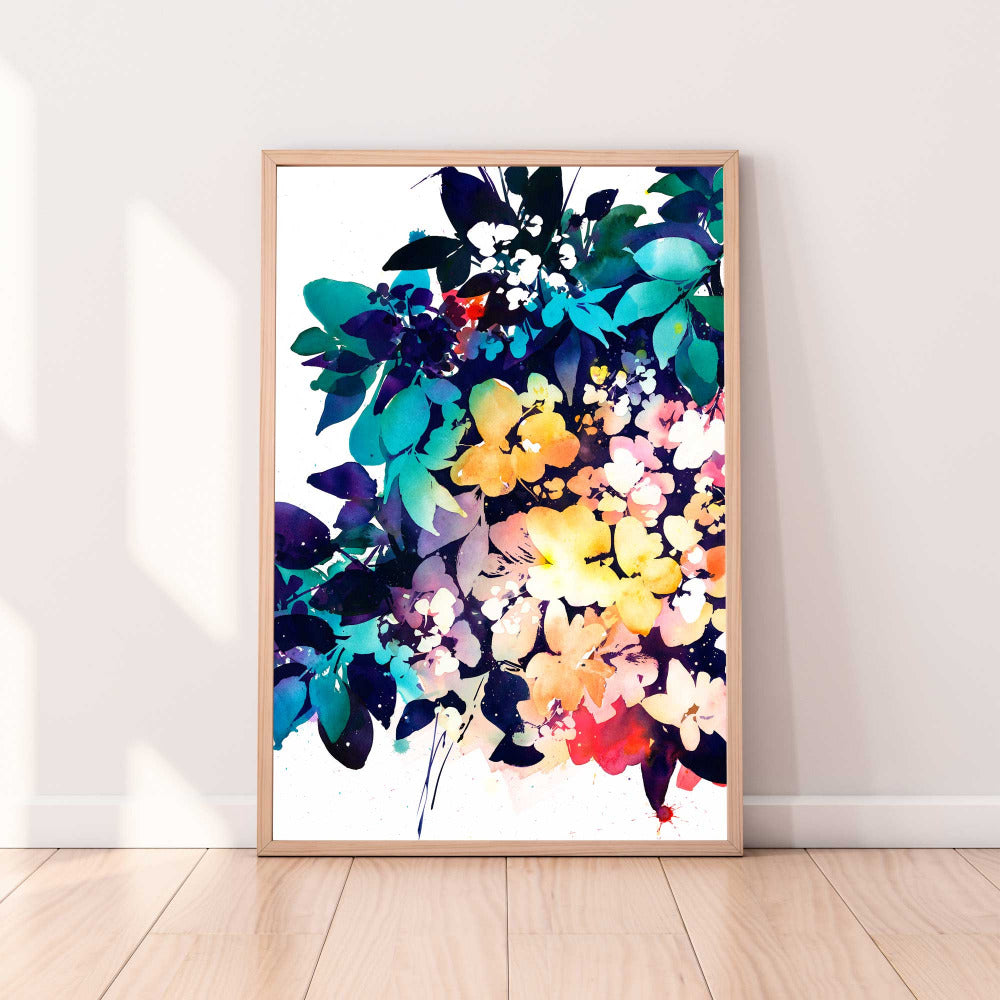 Modern botanical art print with turquoise and purple leaves emerging like the night into soft yellow and pink blooms. CreariveIngrid Art Prints.