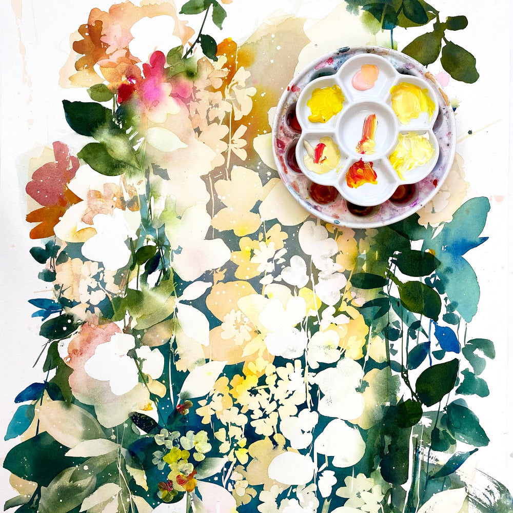 Modern botanical wall art of yellow flowers and large blooms merging with an ethereal leafy background. 'Soulful Yellow Garden', Ingrid Sanchez | CreativeIngrid.
