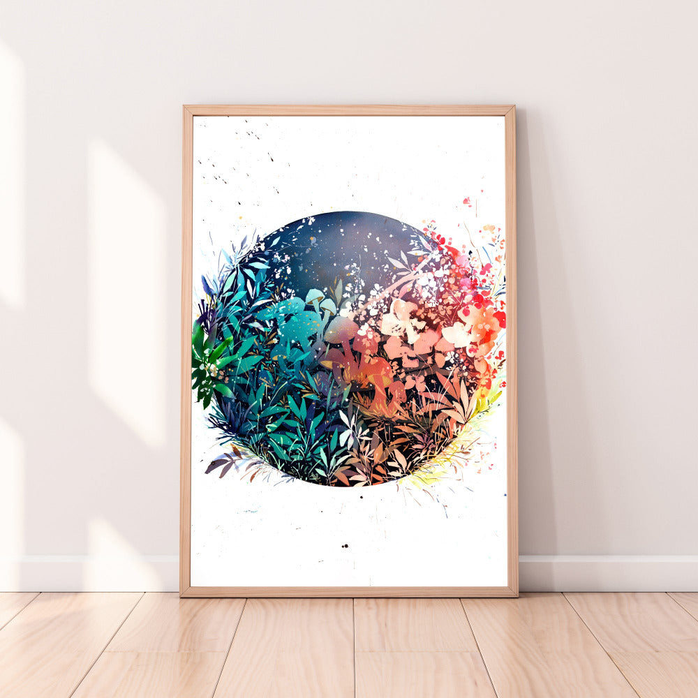  'Mushroom Spirit Full Moon' art print by CreativeIngrid, capture the transition from night to day in an enchanting mushroom forest.