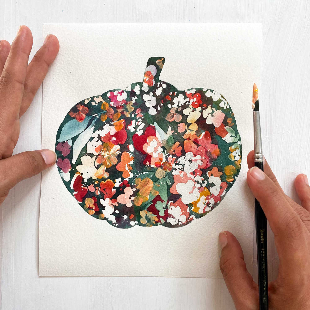 'Botanical Autumn Pumpkin' is a small original watercolor by artist Ingrid Sanchez, AKA CreativeIngrid.