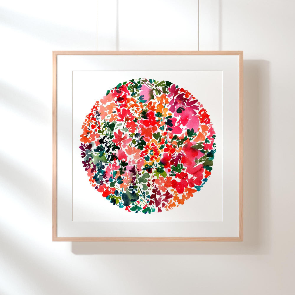 Flower wall art in a circular shape. 'Spring Moon' art print by CreativeIngrid.