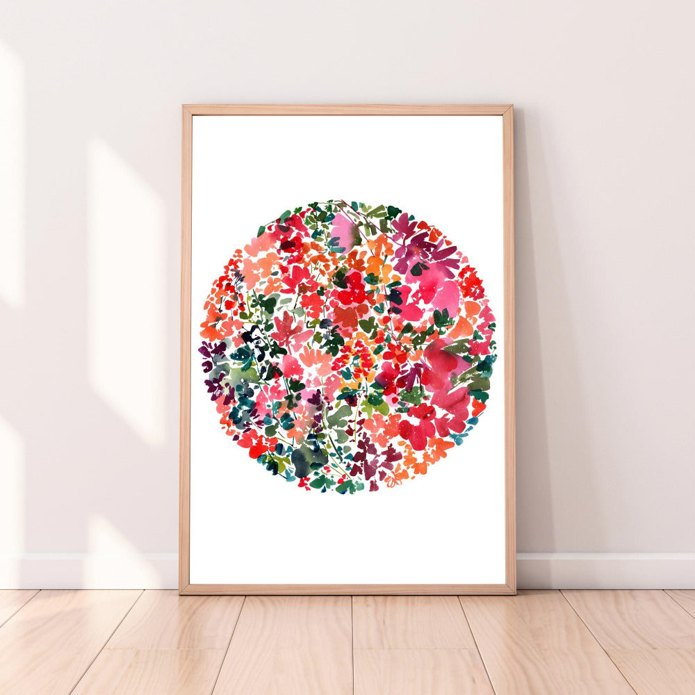 Fine art print of a moon filled with colorful pink, fuchsia and purple flowers. Home decor by CreativeIngrid.