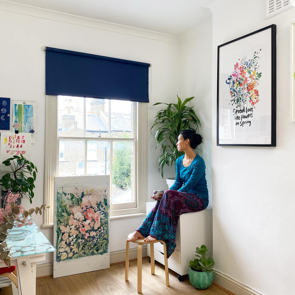 Sunrise Garden, pink roses and watercolor art. Home studio in London, Ingrid Sanchez, CreativeIngrid.