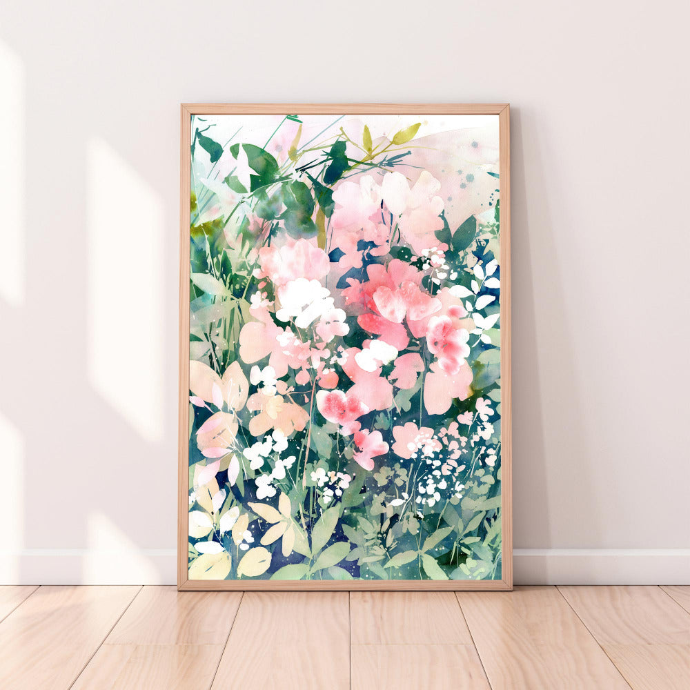 Art print inspired in a morning walk through a garden of flowers, a memory from the gardens of roses in London during Spring. Watercolor art 'Sunrise Garden' by CreativeIngrid.