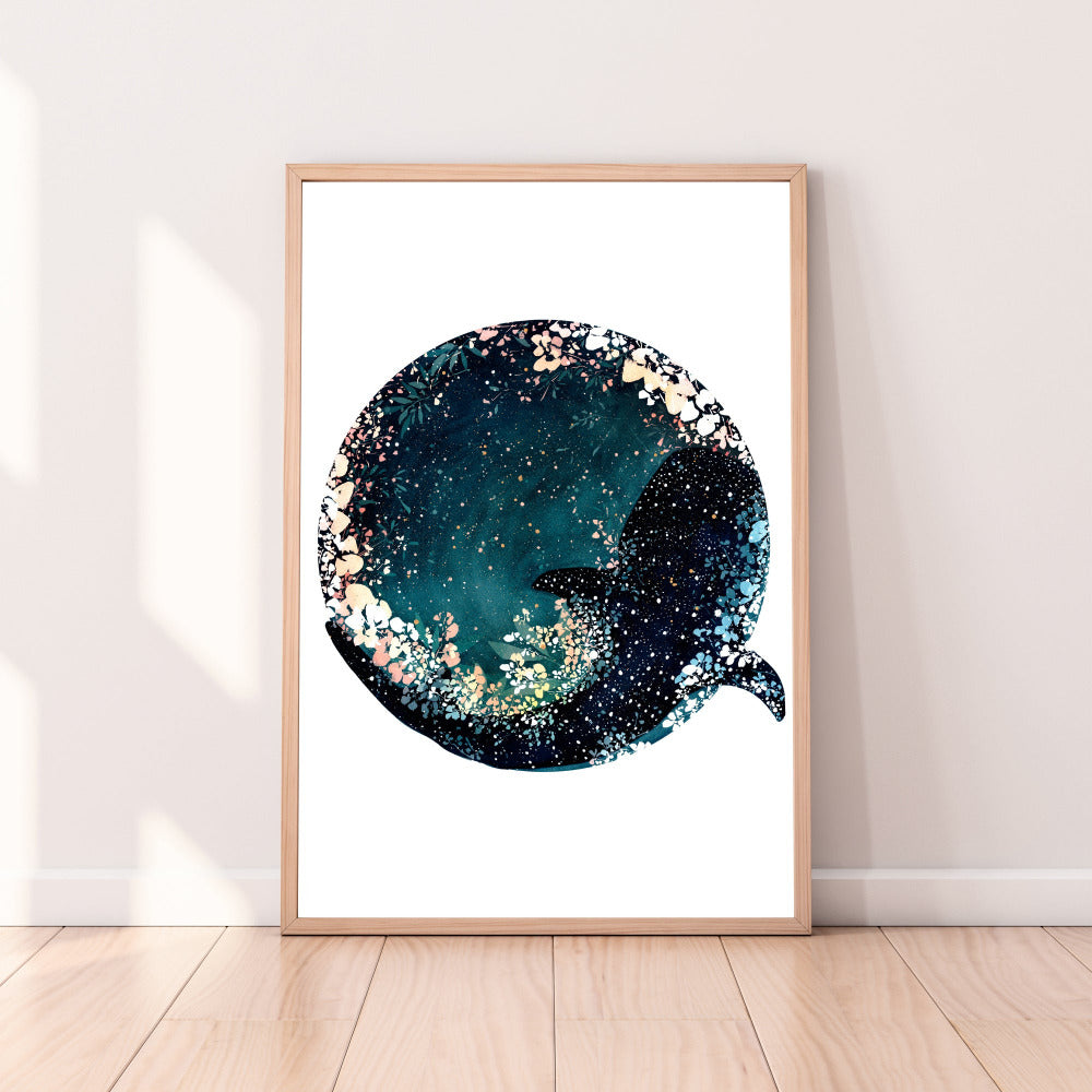 Art print by CreativeIngrid. featuring a beautiful Whale Shark swimming beneath an indigo New Moon, surrounded by soft pink flowers and glittering stars.