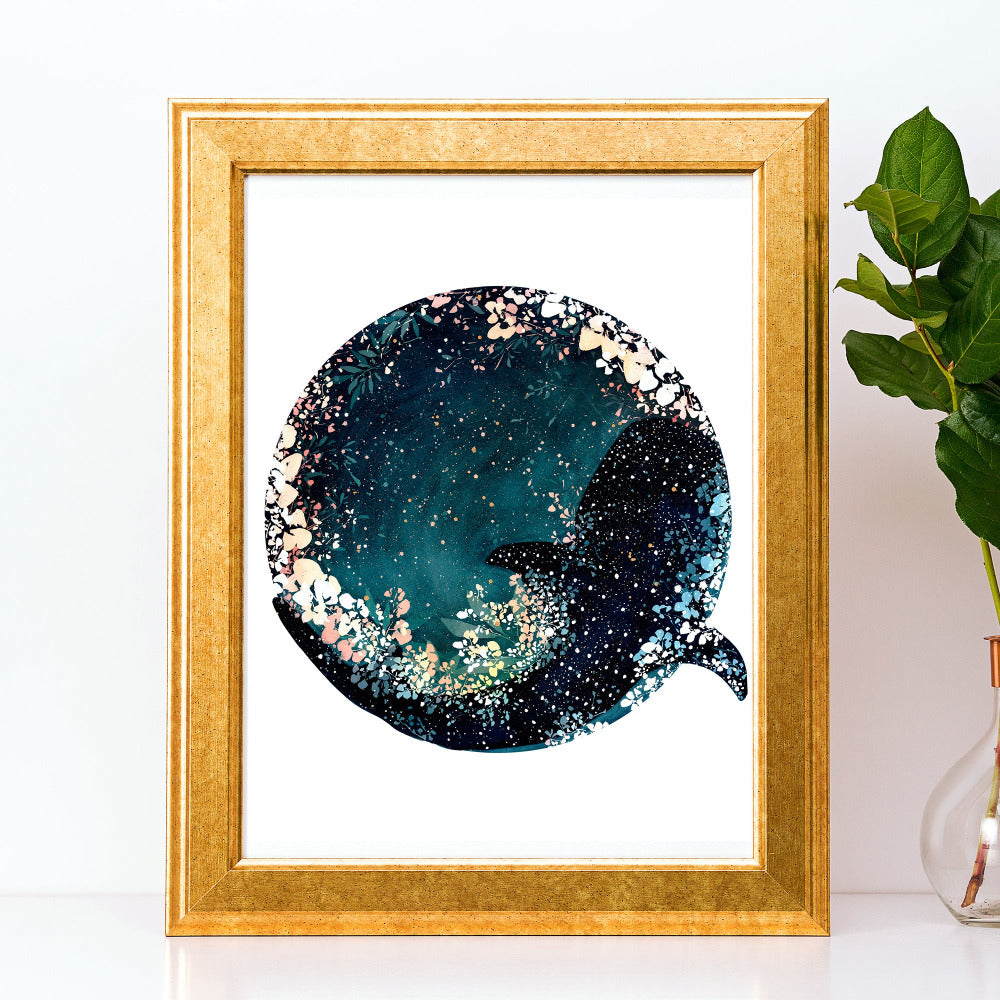 Fine art print created with the original watercolor 'Whale Shark and the New Moon' by artist Ingrid Sanchez (London 2023).