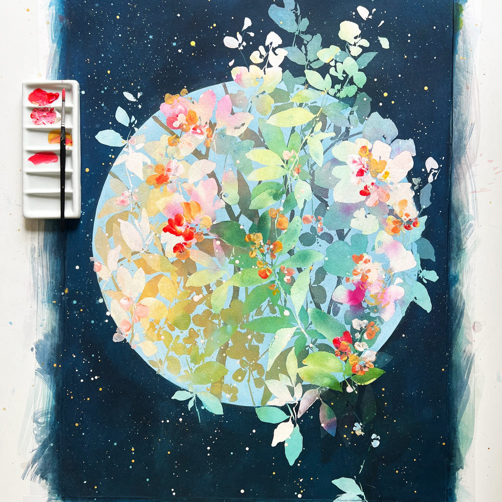 'In Full Bloom' features an inexhaustible range of colour and texture. Its gold-leafed base transitions to a soft green, while red, orange, and gold flowers bloom inside a blue full moon. Ingrid Sanchez, London 2023.