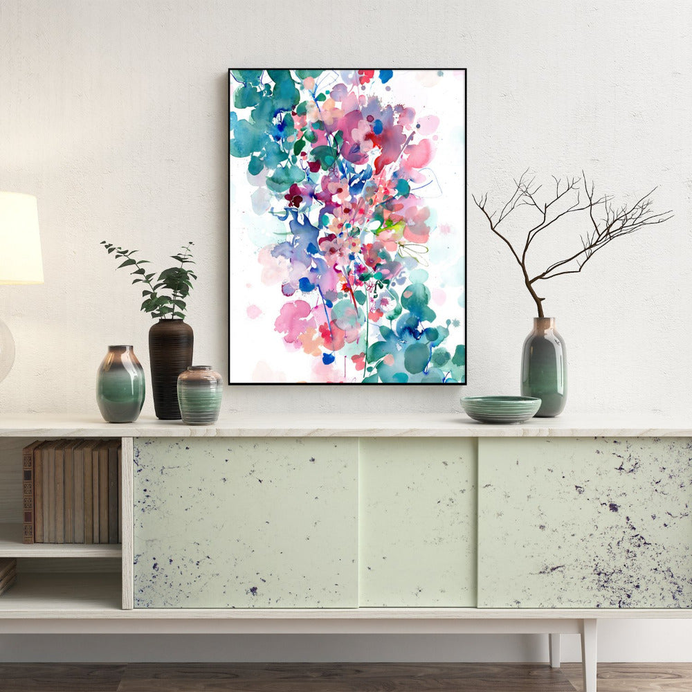 Modern botanical art print with pink flowers and a turquoise background of leaves and movement.  Art print that showcases original watercolor: "In Between' (Ingrid Sanchez, London 2018).