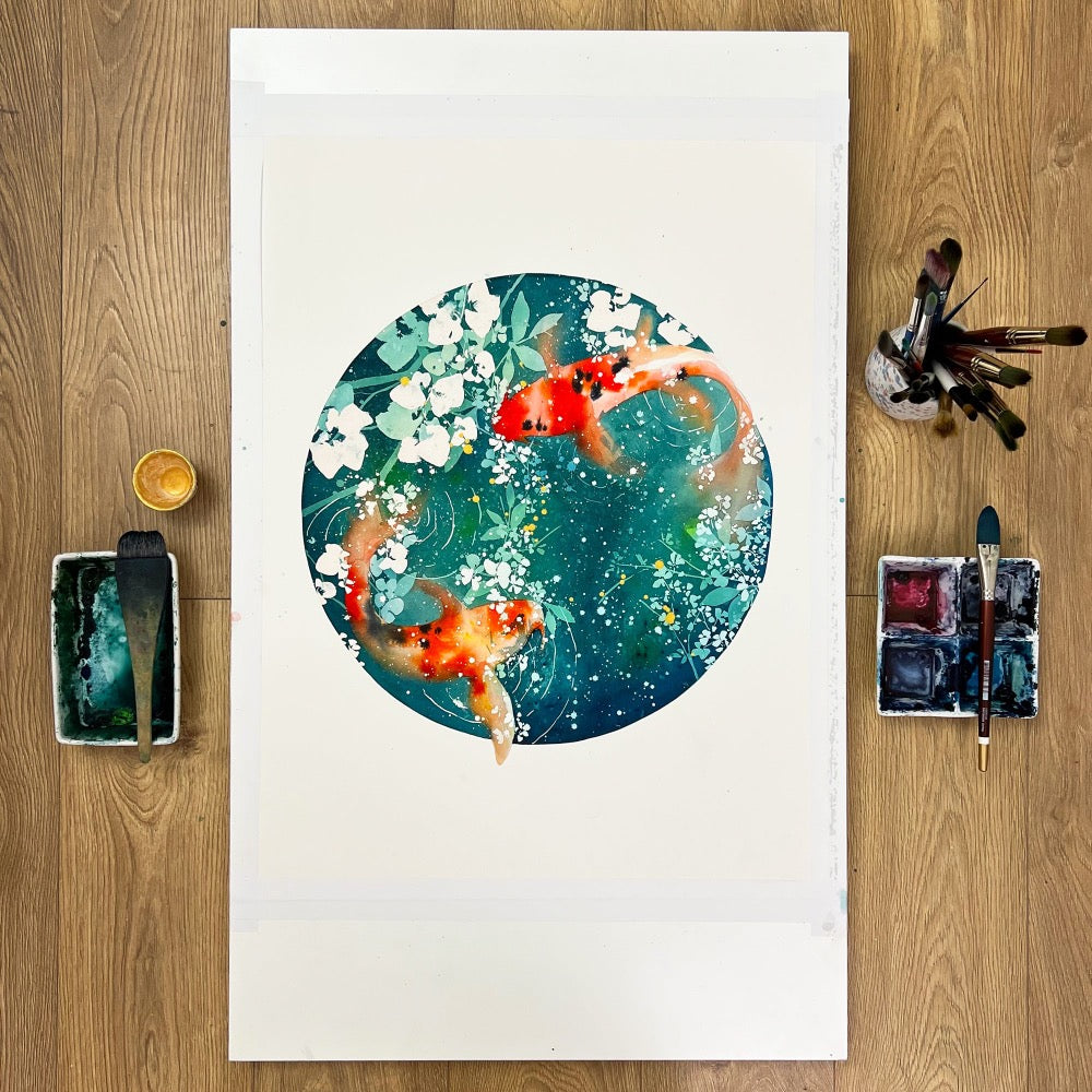 Koi pond, watercolor art that celebrates those that were born under the astrological symbols of Aquarius and Pisces.