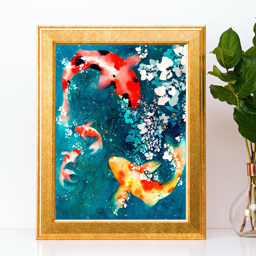 Art print featuring two koi and two goldfish in a soothing turquoise pond with a floral reflection. CreativeIngrid.