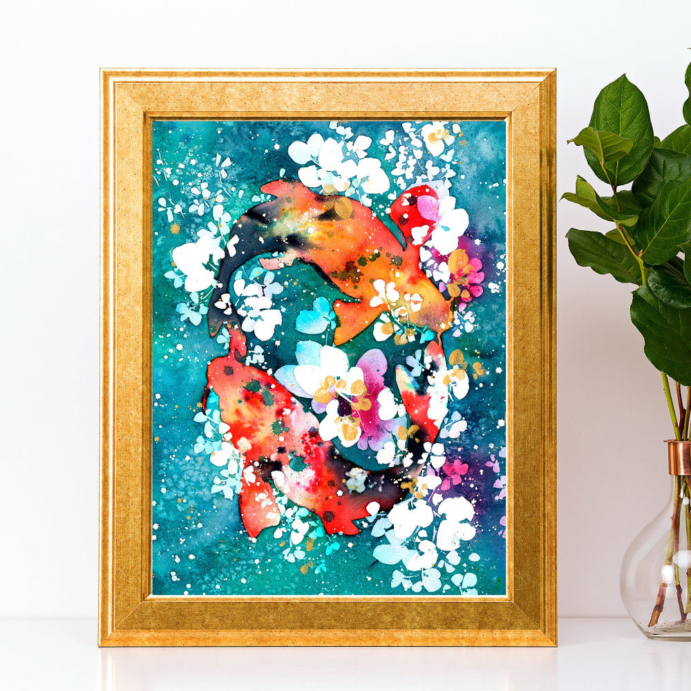 Art print of a couple of Koi fish with a turquoise background and flowers resembling bubbles. Art print by CreativeIngrid.