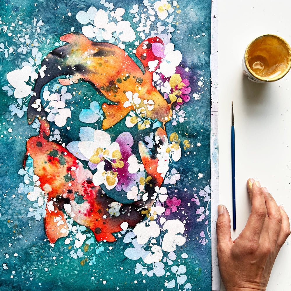 Koi painting with flowers resembling bubbles with a turquoise background filled with texture.