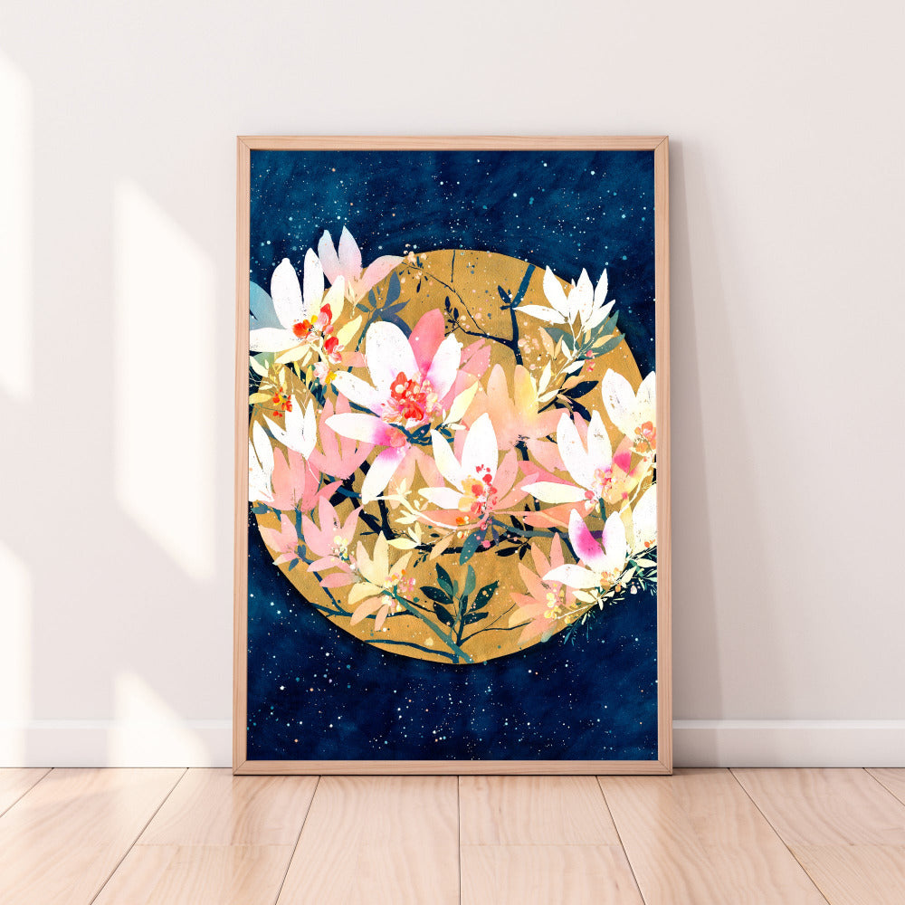 Art print featuring a Magnolia Sunrise tree blooming inside a golden sun with an intense blue starry sky in the background. CreativeIngrid Wall Art.