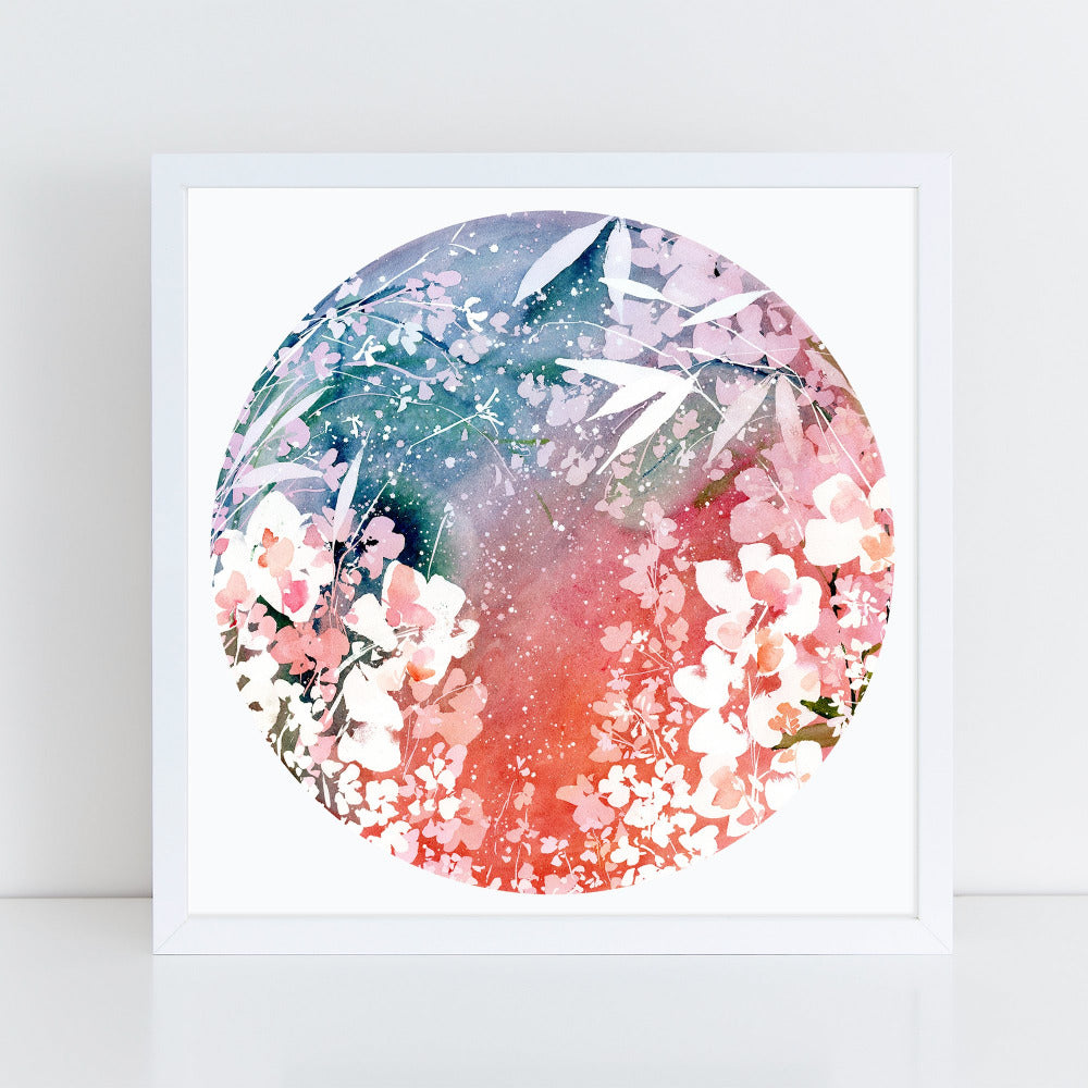 Botanical and celestial art print filled with stars, flowers and leaves. A moon in blue and the colors of the earth. Wall art by CreativeIngrid.