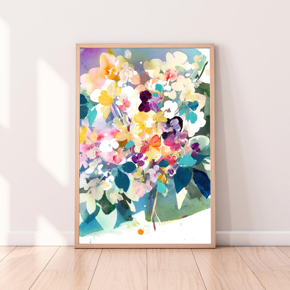 Art print inspired in a perennial garden of pink and yellow flowers flourishing during the first months of the year.  'Petit Perennial'  by Ingrid Sanchez, CreativeIngrid. London 2021.