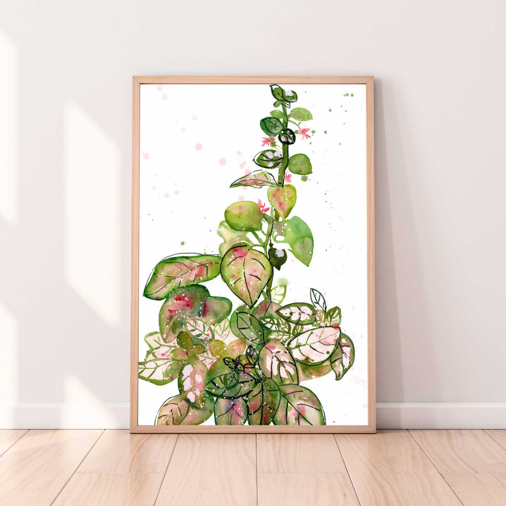 This art print with light pink, different shades of greens and playful leafy shapes, can be a beautiful addition to any space of a plant lover. 'Pink Polka Dot', botanical wall art by CreativeIngrid.