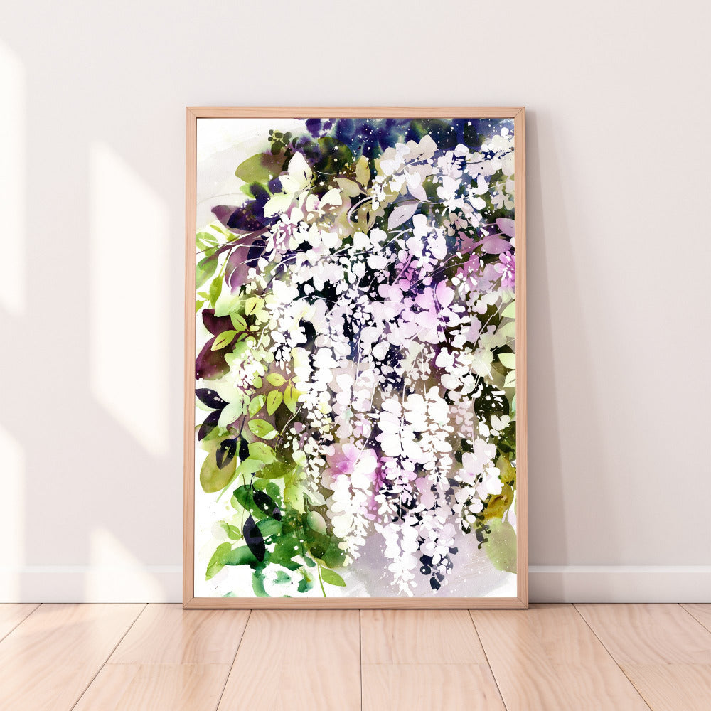 Fine art print of a white wisteria with a purple and green leafy background. 'White Wisteria', Ingrid Sanchez - CreativeIngrid.